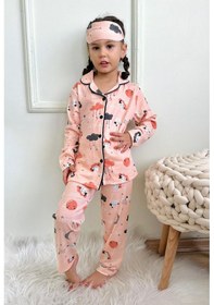Resim Kız Çocuk Kuzu Bulut Ay Figür Baskı Desenli Somon Renk Düğmeli Pijama Takımı Pembe - Pudra 