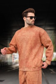 Resim Madmext Kahverengi Bisiklet Yaka Batik Desenli Erkek Sweatshirt Pantolon Takım E7344 Kahverengi 