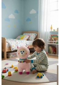 Resim Büyük Boy Yumuşak Peluş Lama Oyuncak - Yumuşacık Uyku Arkadaşı Fularlı Lama 35 Cm Pembe 