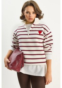 Resim Shade Kadın Kalp Nakışlı Dik Yaka Yarım Fermuarlı Çizgili Sweatshirt 6089 60283714 - Beyaz-bordo Çok Renkli 