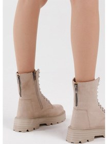 Resim Poli Taban Arkası Fermuar Detaylı Bağcıklı Ve Fermuarlı Kadın Krem Süet Bot Tber185 Krem Süet 