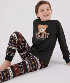 Resim Arnetta Erkek Çocuk Aile Bear My Little Friend %100 Pamuklu 4 Mevsim Uzun Kollu Pijama Takım Füme 