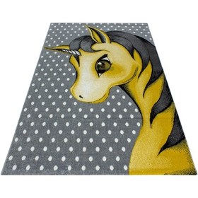 Resim Yuvarlak Soft Çocuk Odası Halısı Sevimli Unicorn Peri Atı Desenli Gri Beyaz Sarı Sarı 