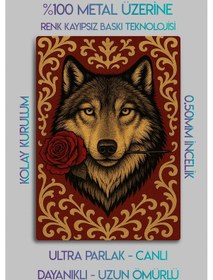 Resim Metal Levha Üzerine Parlak Baskı - Mitolojik Türk Kurt Tablosu, Gül Temalı 