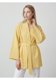 Resim Saade Sââde Kadın Dikey Çizgili Geniş Kollu Şık Yazlık Relaxed Kimono Sarı 