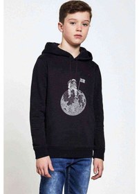 Resim Astronot 01 Baskılı Unisex Çocuk Kapüşonlu Siyah Sweatshirt 