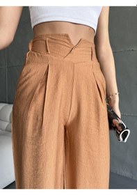 Resim Eke Tekstil Kadın Camel Keten Paçaları Yırtmaçlı Pantolon-camel Camel 