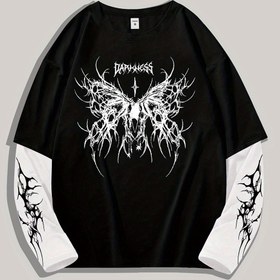 Resim Erkek Sokak Modası Hip-Hop Grafik Tişört - Siyah Kelebek ve Kafatası Tasarımı, Rahat Bol Kesim, Uzun Kollu, Sokak Modası Tutkunları İçin İdeal, Rahat Giyim Tişörtü | Kafatası Baskılı Üst | Rahat Uygunluk, BÜYÜK BEDEN 