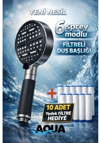 Resim 6 Fonksiyonlu Filtreli Duş Başlığı 10adet Yedek Filtre Su Arıtmalı, Klor Ve Kireç Önleyici, Yüksek Basınçlı Gri - Siyah 