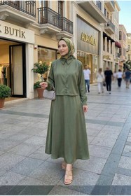 Resim adamila Kadın Saten Omuz Pileli Gömlekli Etek Takım - Dökümlü İkili Takım Tesettür Giyim 