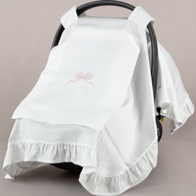 Resim Nazenin Pembe Fiyonk Nakışlı Ekru Tığ işi Süslemeli Fırfırlı Puset Örtüsü 