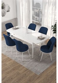 Resim Canisa Concept Kor Serisi 70x114 Açılabilir Mutfak Masası Takımı Beyaz Masa 6 Siyah Sandalye Masa Beyaz 6 Lacivert Sandalye 
