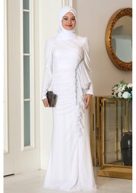Resim Raika Moda Parıltılı Fırfır Detaylı Zühre Tesettür Abiye Ekru 