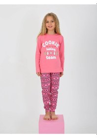 Resim Kız Çocuk Uzun Kollu %100 Pamuklu Pijama Takımı Cookie Team Pembe 