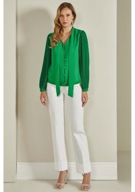 Resim Guitar V Yaka Yeşil Dokuma Bluz 