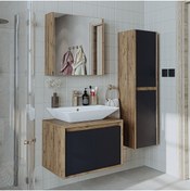 Resim ROOMART Tm7.3 Lavabolu Ahşap-antrasit Mdf 65 Cm Banyo Dolabı+aynalı Banyo Üst Dolabı+banyo Boy Dolabı 