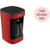 Resim Grundig Türk Kahve Makinesi 5 Fincan Kapasitesi Kırmızı Ve Porselen 2 Kişilik Fincan Takımı 