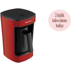 Resim Grundig Türk Kahve Makinesi 5 Fincan Kapasitesi Kırmızı Ve Porselen 2 Kişilik Fincan Takımı 