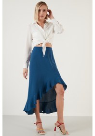 Resim Lela Volanlı Midi Boy Yırtmaçlı Bayan Etek 6058387 Indigo 