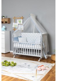 Resim Ahşap Beşik Anne Yanı Beşik Gri 60x120 - Mavi Yıldız 1 Yastıklı Uyku Seti + Yataklı + Tekerlekli Gri 