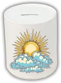 Resim Güneş ve Bulut Baskılı Kumbara - Seramik Para Biriktirme Kumbarası 