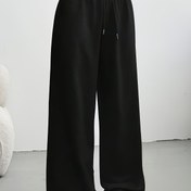 Resim Kadınlar için Rahat Geniş Paça Pantolon, Bağcıklı Bel - Konforlu Düz Renk Siyah, Bahar/Yaz/Sonbahar İçin Mükemmel, Ev ve Dış Mekan Giyim İçin Çok Yönlü, Günlük Konfor, Mevsim Modası, Pürüzsüz Dokulu Kumaş 