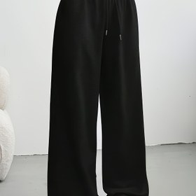 Resim Kadınlar için Rahat Geniş Paça Pantolon, Bağcıklı Bel - Konforlu Düz Renk Siyah, Bahar/Yaz/Sonbahar İçin Mükemmel, Ev ve Dış Mekan Giyim İçin Çok Yönlü, Günlük Konfor, Mevsim Modası, Pürüzsüz Dokulu Kumaş 