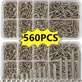 Resim 560 Adet Kendinden Vidalı Ahşap Vidaları Seti - 8 Farklı Boyutta M2 Phillips Düz Metal Vida Sınıflandırma Kiti Dahil 