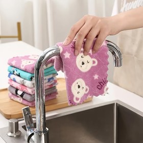 Resim 5'li Polyester Koral Fleece Mutfak Havluları, Çift Yüzeyli Baskılı Karikatür Tasarımı, Kalın Dokuma Çamaşır Bezleri Temizlik ve Silecek için, Dikdörtgen Şekli, Elektrik veya Pil Gerektirmez 