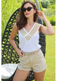 Resim Kolsuz Ön Arka V Yaka Sim Detaylı Beyaz-altın BEYAZ 