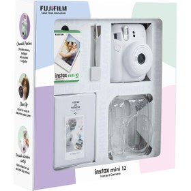 Resim Fujifilm Instax mini 12 Beyaz Fotoğraf Makinesi 10'lu Film Simli Pleksi Kılıf PVC Albüm ve Kıskaçlı Resim Sta 
