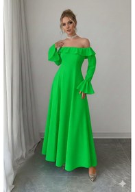 Resim Defymoda Kadın Modern Kesim Fırfır Detaylı Elbise Yeşil 