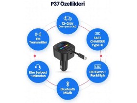 Resim Expansion Line P37 Bluetooth Fm Transmitter Araç Mp3 Çalar Type-C Hızlı Şarj 12-24V LED Ekran 