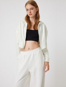 Resim Şardonlu Crop Sweatshirt Kapüşonlu Fermuarlı Korse Görünümlü 