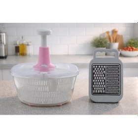 Resim Ludıa Pratik Stop Tuşlu Sebze Salata Kurutucu 5 Lt Ve Kaymaz Tabanlı Çift Taraflı Rende Seti Beyaz 