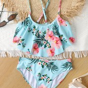 Resim Kızlar için Çiçek Desenli, Yüksek Esneklikli Polyester-Spandex Karışımı, Çapraz Sırt Askılı, Düzenli Kesim Bikini Mayo - Yaz Plaj Eğlencesi için İdeal 