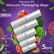 Resim 300cm*(28+25+20+15+12)A 5 farklı boyutta vakumlu kapaklar içermez. Gıda saklama için kullanılan vakumlu poşet, et, meyve, sebze, un ve somon taze tutma paketleme için kullanılır. 