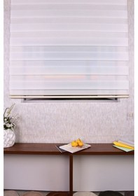 Resim Ekru Pliseli Etek Dilimsiz İp Plise Zebra Stor Güneşlik Perde 