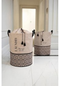 Resim Bohe Bej Kumaş Büzgülü Çamaşır Sepeti-çocuk Oyuncak Düzenleyici-çok Amaçlı Sepet 35x35x50cm Gri-beyaz 