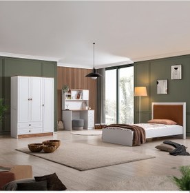 Resim Beta Genç Odası - 3 Kapaklı Dolap, Karyola, Masa Beyaz - Ceviz 