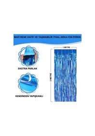Resim Himarry Mavi Renk Ekstra Metalize Parlak Saçaklı Arka Fon Perde İthal A Kalite 1x2 Metre 