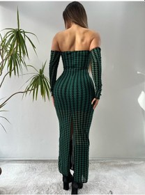 Resim Pink Life Zümrüt Yeşili Tül Üzeri Flog Baskılı Kaz Ayağı Desenli Kolluklu Midi Elbise-Kaz Ayağı Zümrüt Yeşili 