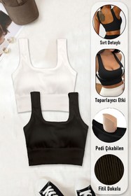 Resim SHİBA Kadın Crop 2'li Paket Siyah - Beyaz Pedli Spor Sütyeni Yarım Atlet Büstiyer Bluz 