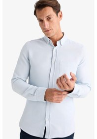 Resim DeFacto Slim Fit Dar Kesim Düğmeli Dokulu Düz Pamuk Karışımlı Uzun Kollu Gömlek T2066AZ24AUBE723 