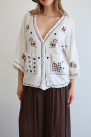 Resim Lusin Kadın Beyaz Etnik Nakış İşlemeli Cep Detaylı Düğmeli Yazlık Bohem Müslin Gömlek Kimono 