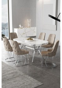 Resim Canisa Epal Serisi 90x168 Lak Panel Beyaz Mermer Desen Masa Takımı Krom Ayaklı 6 Cappucino Sandalye Beyaz Mermer Desen Masa Sandalyeler Cappucino 