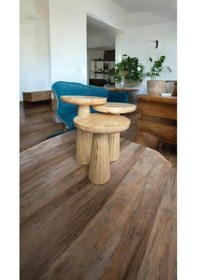 Resim 3 Lü Set Wood Wooden Minimalist Mantar Yan Sehpa Ahşap Modern Naturel Renk Kahverengi 