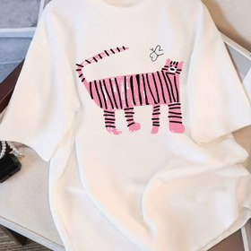 Resim Kadınlar için %100 Pamuklu Büyük Beden Grafikli Tişört - Pembe Zebra ve Yıldız Baskılı Beyaz, Yuvarlak Yaka Kısa Kollu Günlük Tee, Makinede Yıkanabilir Bol Kesim Rahat Giyim, Bayan T-Shirtleri, Gençlik Tasarımı, Yumuşak Kumaş 