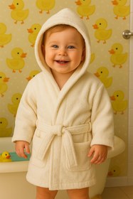 Resim CottonVerse Bebek & Çocuk Kapşonlu Bornoz - %100 Pamuk, Unisex Ekru - Ekru / 0-2 Yaş 