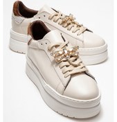 Resim Luvi Shoes Laren Ekru Cilt Hakiki Deri Tokalı Kadın Günlük Spor Ayakkabı Ekru 